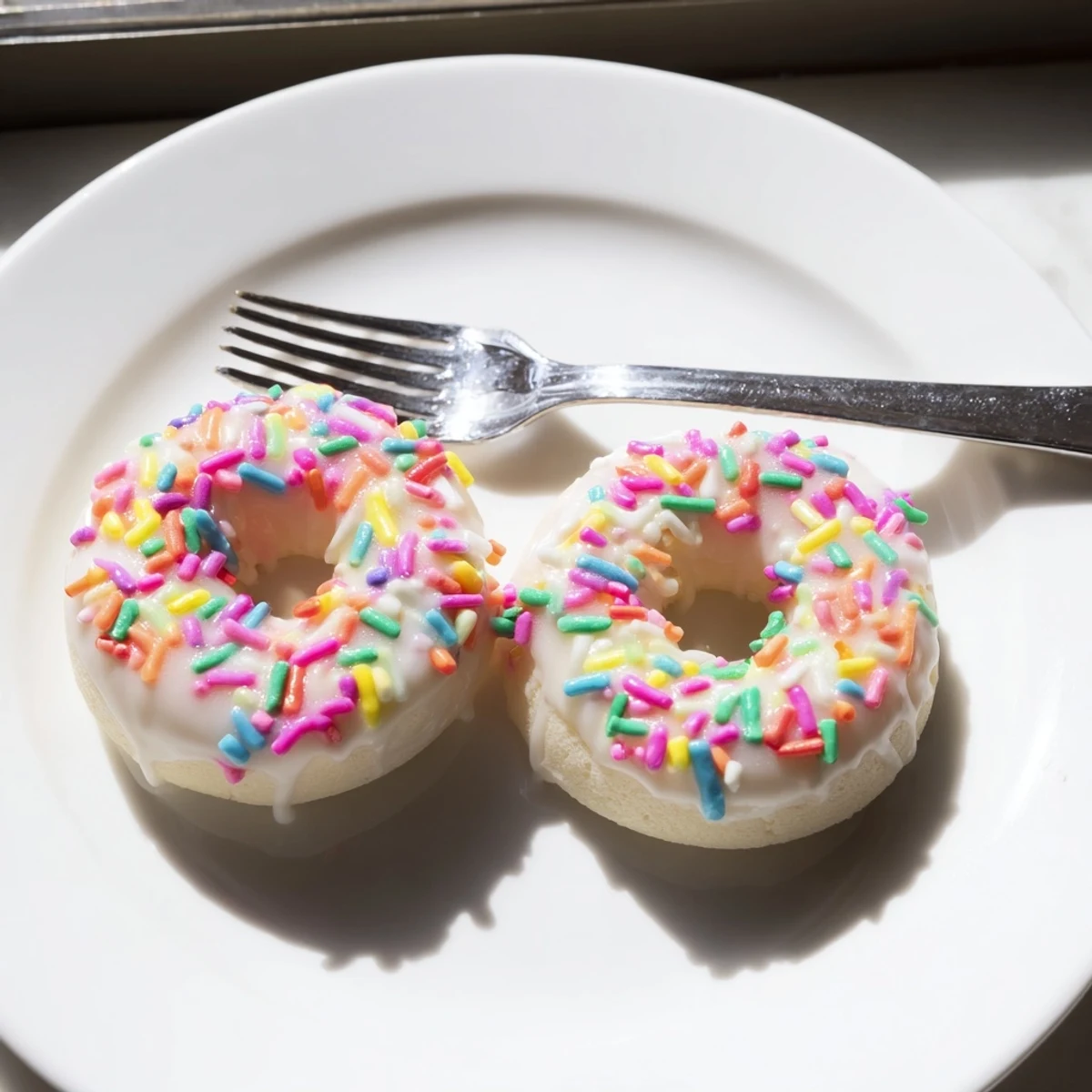 Soft Italian Easter cookies glazed with white icing and topped with colorful sprinkles on a white plate