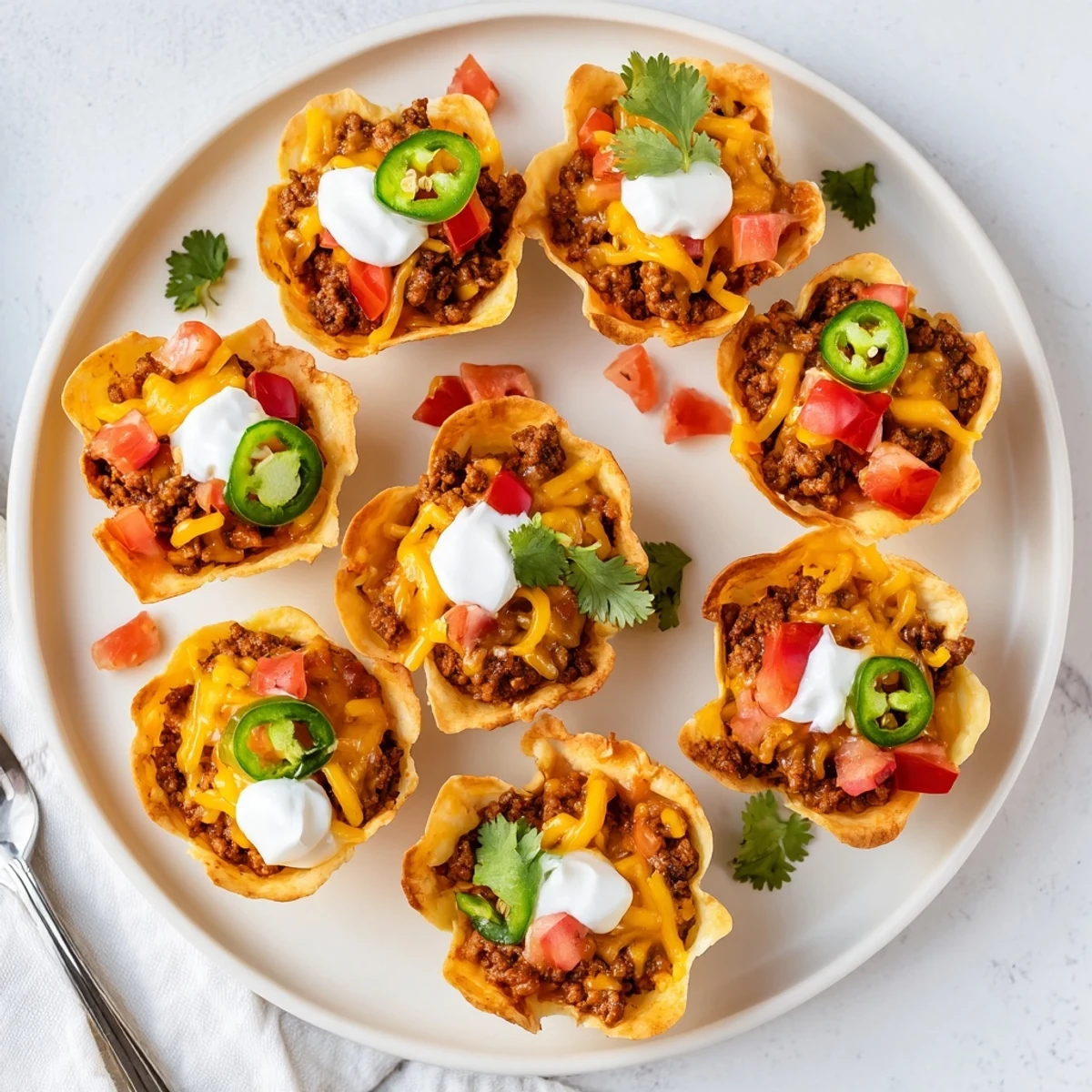 Golden mini taco cups filled with seasoned beef and melted cheddar cheese in a muffin tin