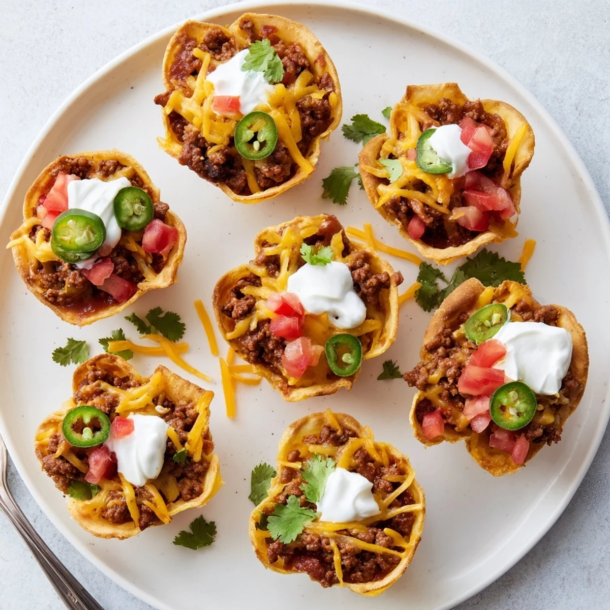 Bite-sized taco cups topped with sour cream, fresh cilantro, and diced tomatoes for easy appetizer serving
