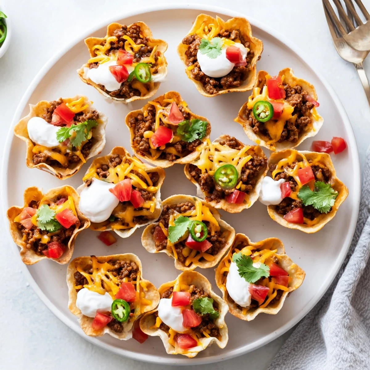 Crispy tortilla cups overflowing with spiced ground beef, colorful veggies, and zesty toppings for parties