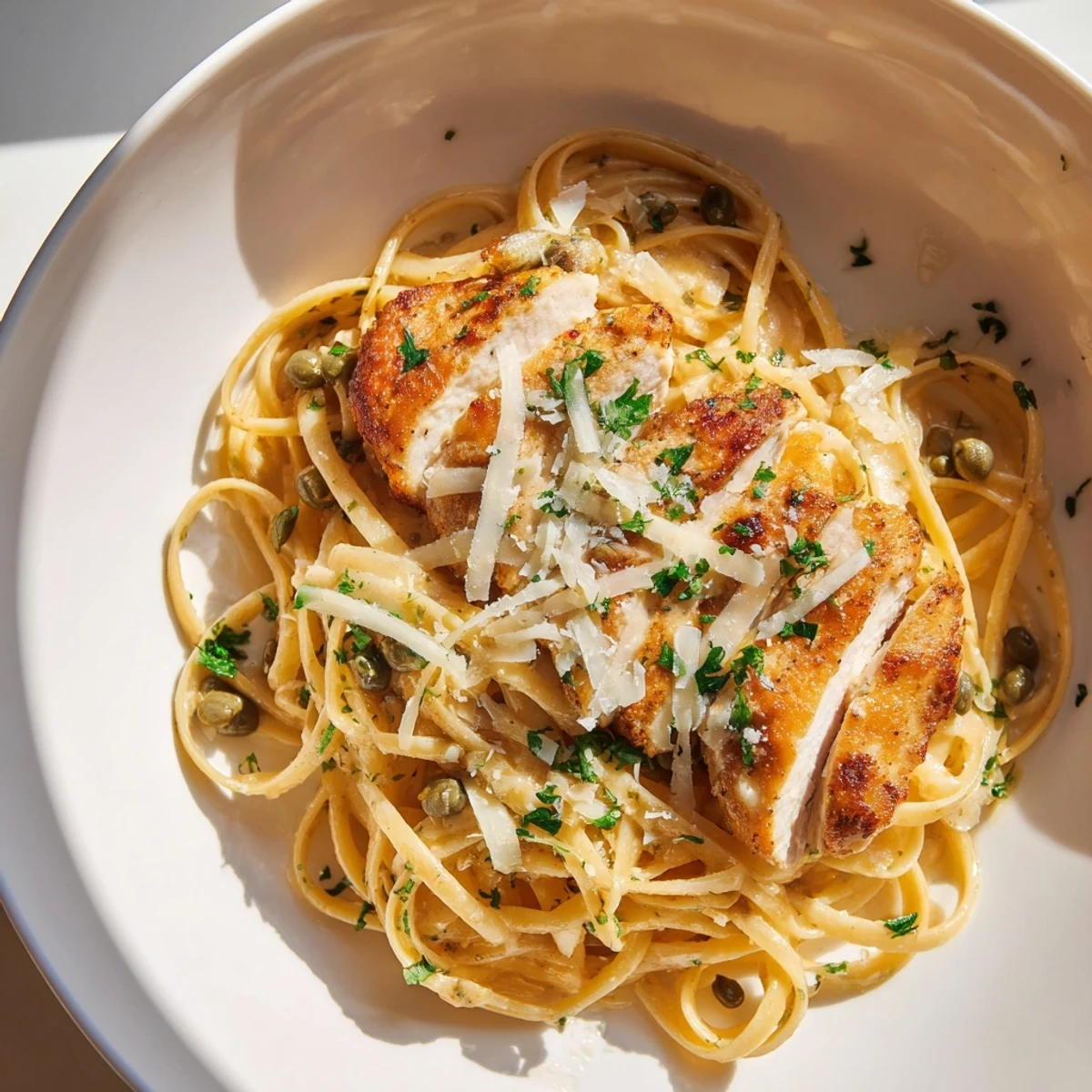 Golden chicken cutlets tossed with linguine in a bright lemon caper butter sauce with fresh parsley