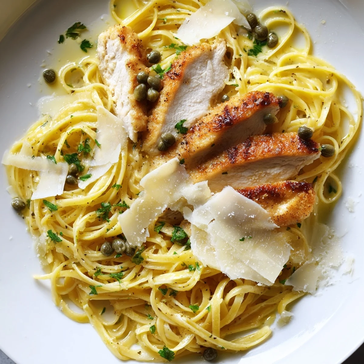 Creamy chicken piccata pasta with tender meat, al dente noodles, and zesty white wine lemon sauce