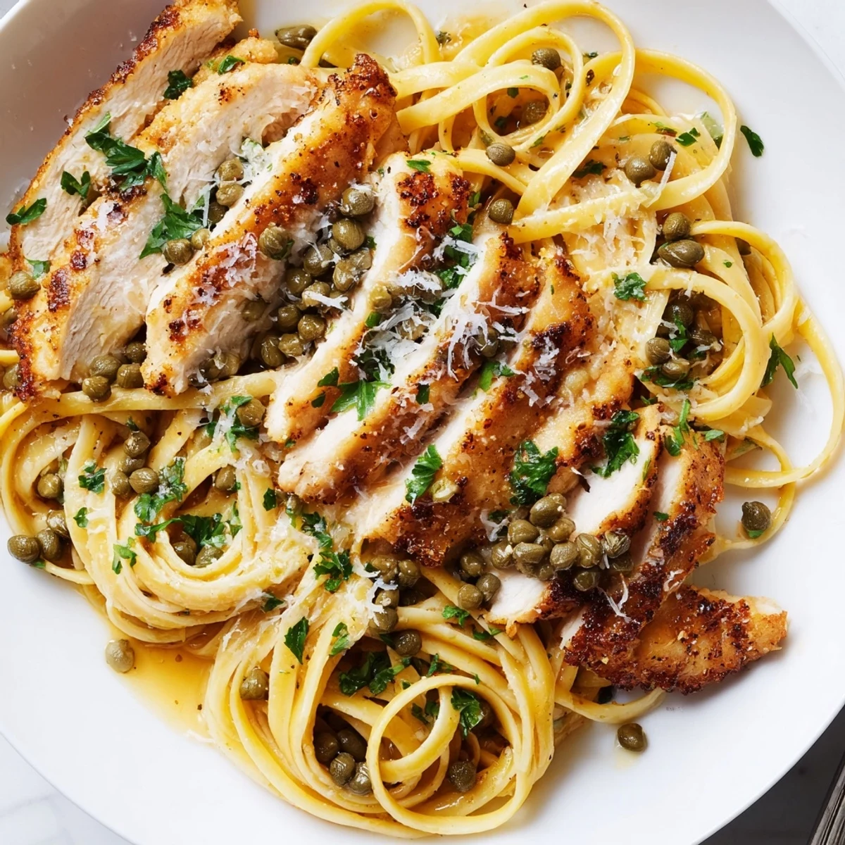 Steaming bowl of chicken piccata pasta garnished with grated Parmesan and lemon slices on a white plate