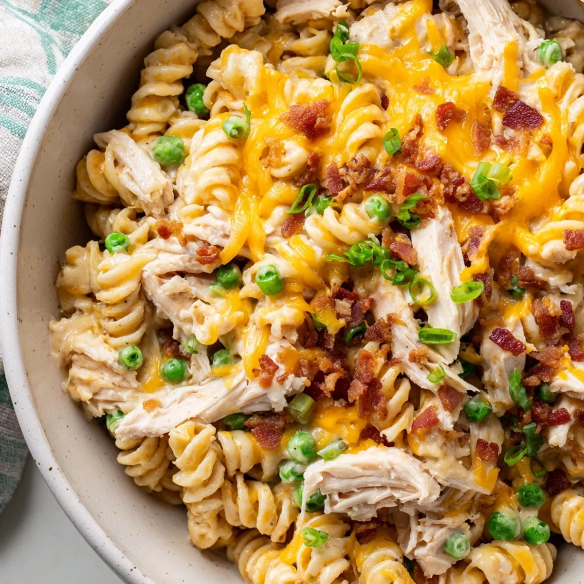 Creamy Crock Pot crack chicken casserole with melted cheddar and crispy bacon topping on a white serving spoon