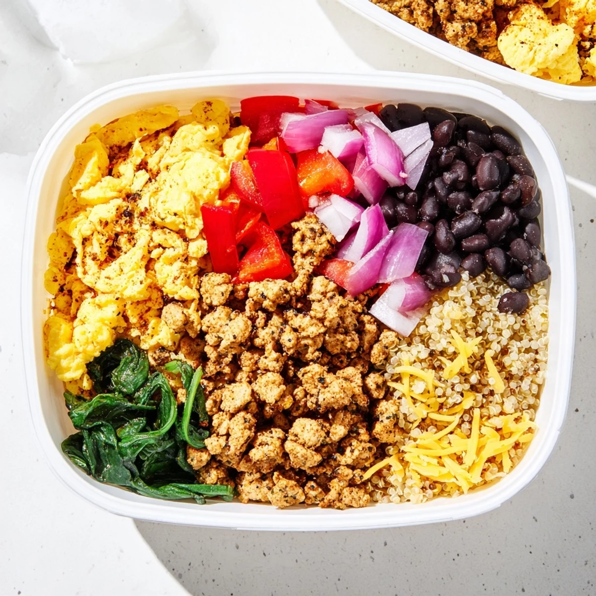 Hearty high protein freezer friendly breakfast bowls with scrambled eggs, turkey sausage, and colorful vegetables