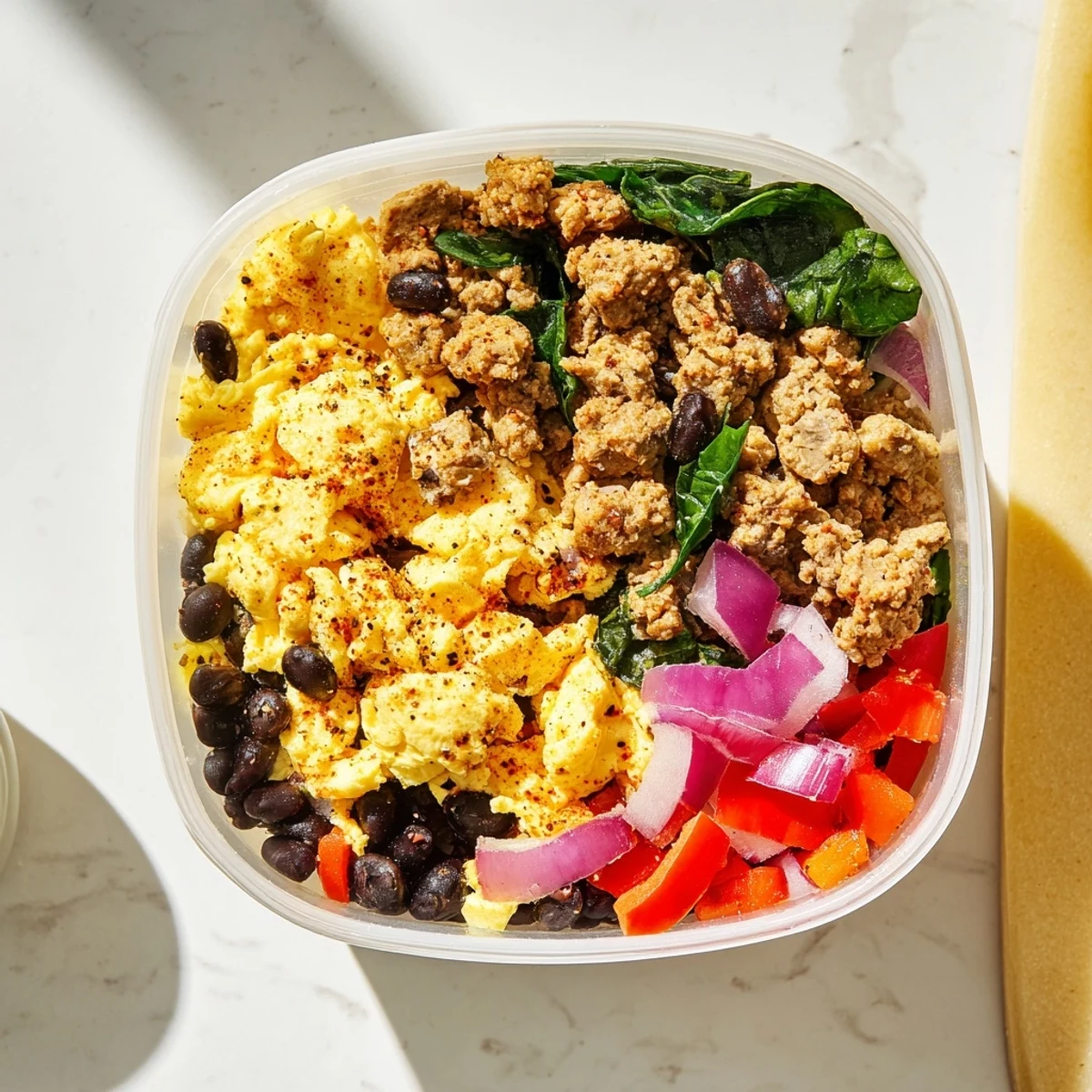 Colorful high protein freezer friendly breakfast bowls featuring quinoa, peppers, spinach, and sliced avocado for serving