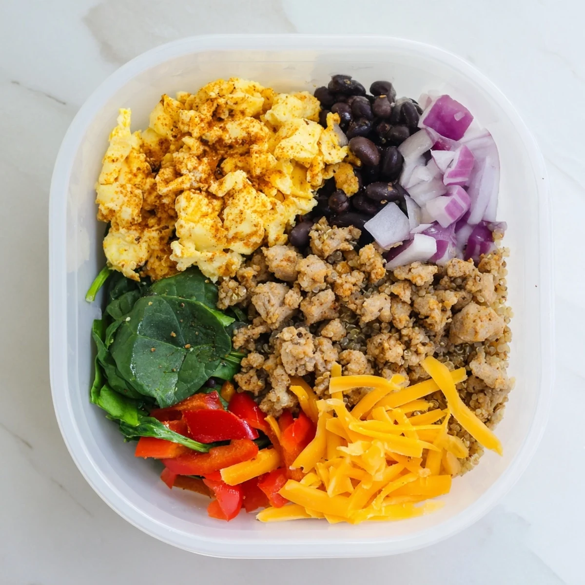 Meal prep containers filled with high protein freezer friendly breakfast bowls topped with melted cheese and fresh salsa