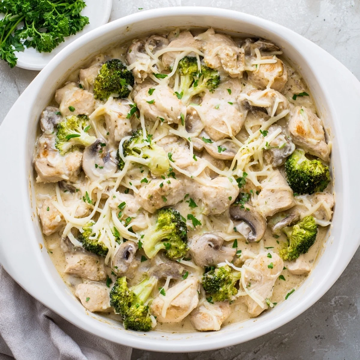 Golden bubbly low carb chicken casserole with tender broccoli and melted mozzarella cheese topping