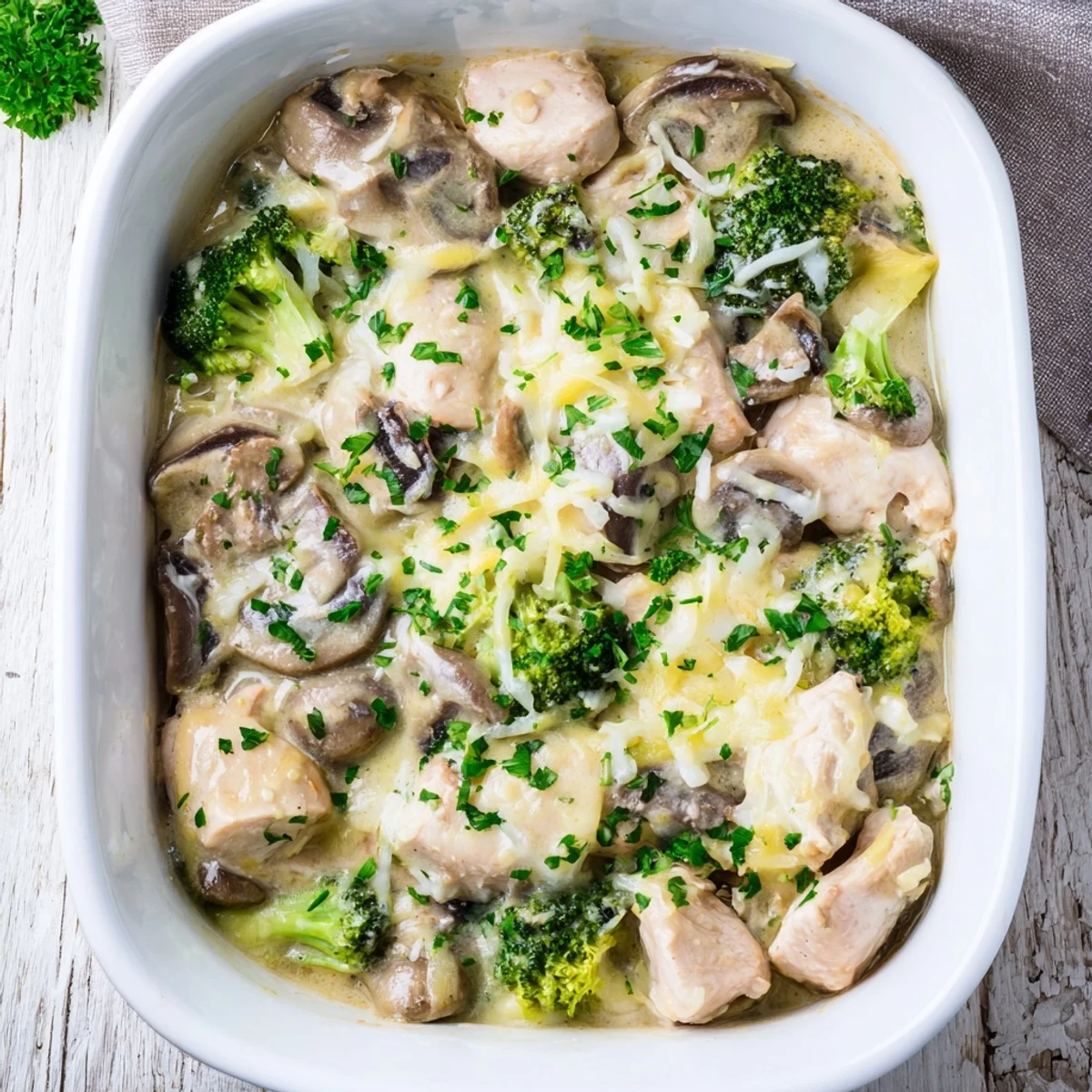Comforting low carb chicken casserole featuring fresh vegetables and parsley garnish in a bubbling baking dish