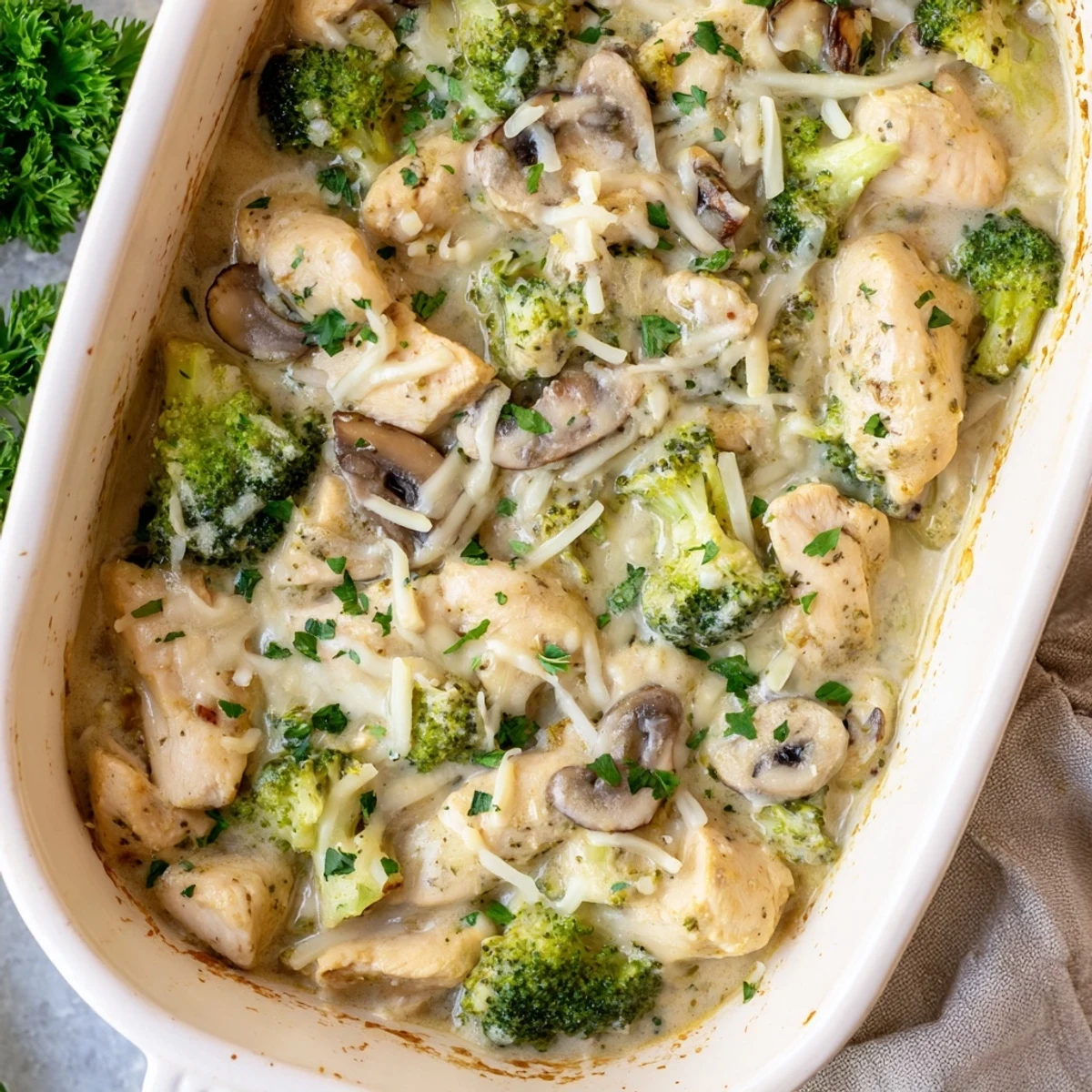 Creamy low carb chicken casserole baked to perfection with mushrooms and rich parmesan sauce