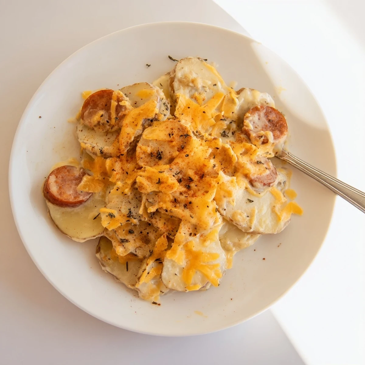 Golden bubbling slow cooker scalloped potatoes with kielbasa layered in rich cheddar sauce