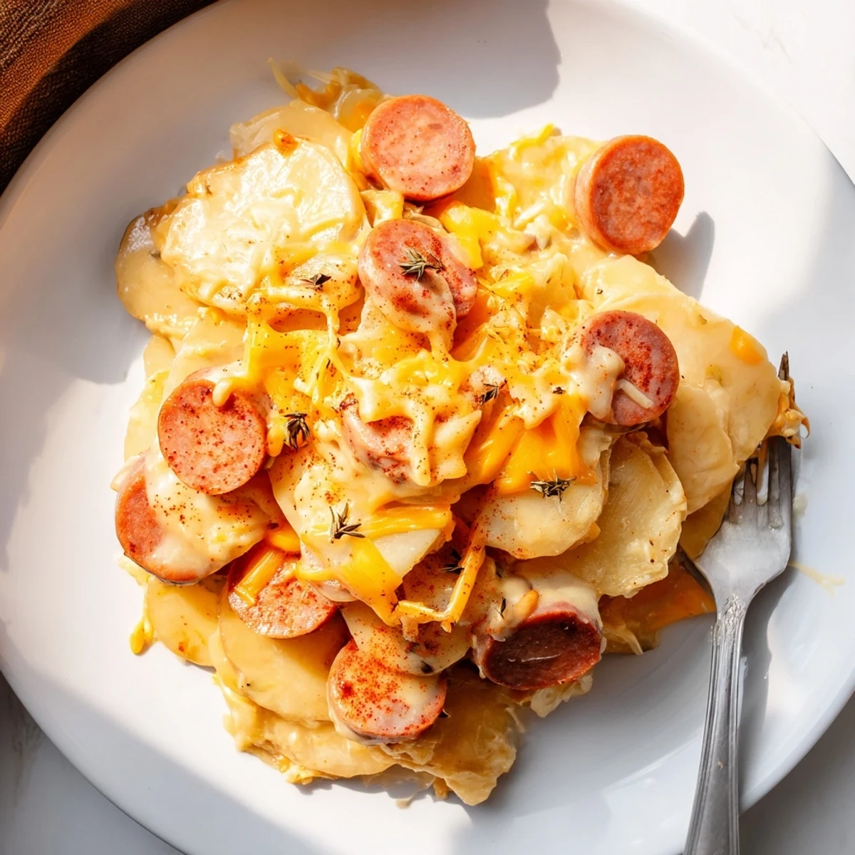 Creamy slow cooker scalloped potatoes kielbasa comfort dish topped with melted cheddar and sliced sausage