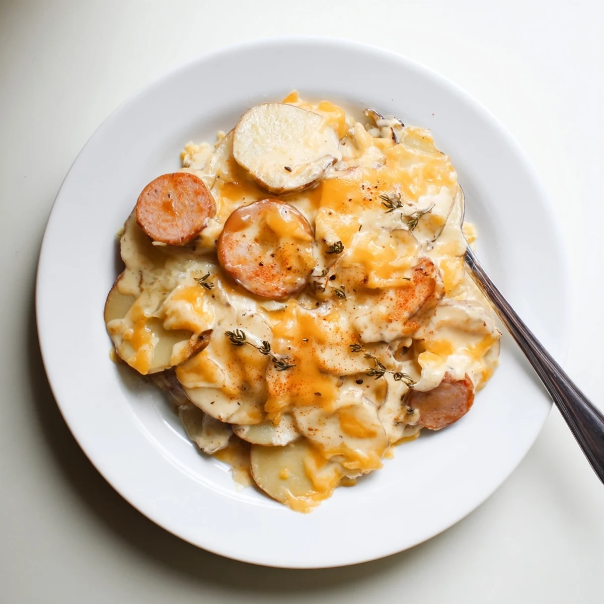 Hearty slow cooker scalloped potatoes and kielbasa featuring tender potato slices and melted cheese