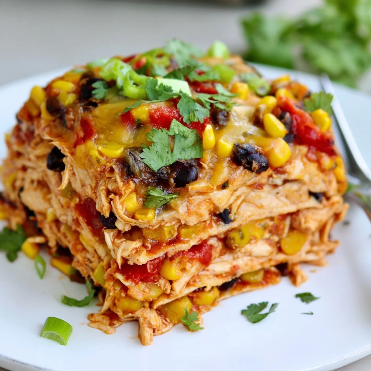 Slow cooker Chicken Enchilada Casserole featuring tender shredded chicken between corn tortillas