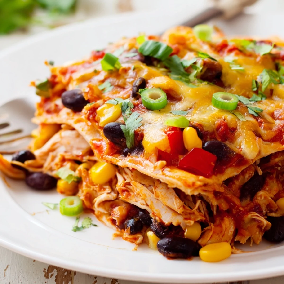 Hearty slow-cooked casserole with gooey cheese, black beans, and seasoned chicken layers