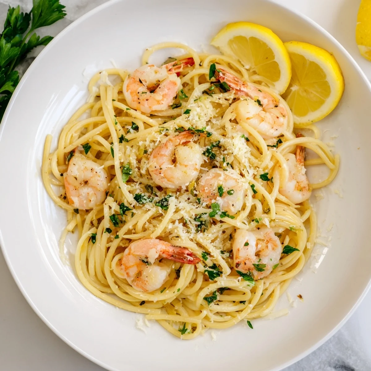 Golden shrimp scampi pasta tangled in lemon garlic butter sauce with fresh parsley garnish