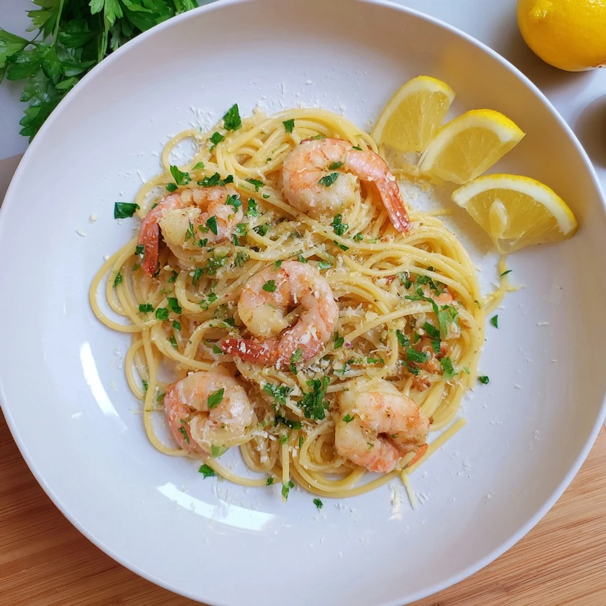 Steaming plate of shrimp scampi pasta featuring plump pink shrimp atop al dente spaghetti strands