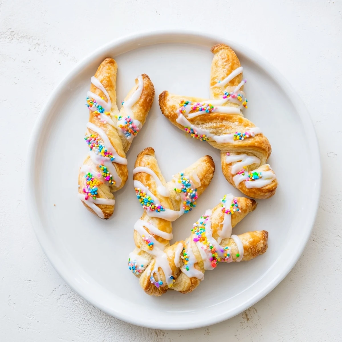 Golden Easter Bunny Twists pastry drizzled with white icing and colorful sprinkles on a white plate