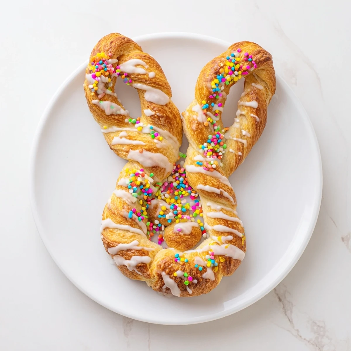 Fluffy cinnamon-sugar Easter Bunny Twists shaped like playful rabbit ears with sweet glaze on parchment