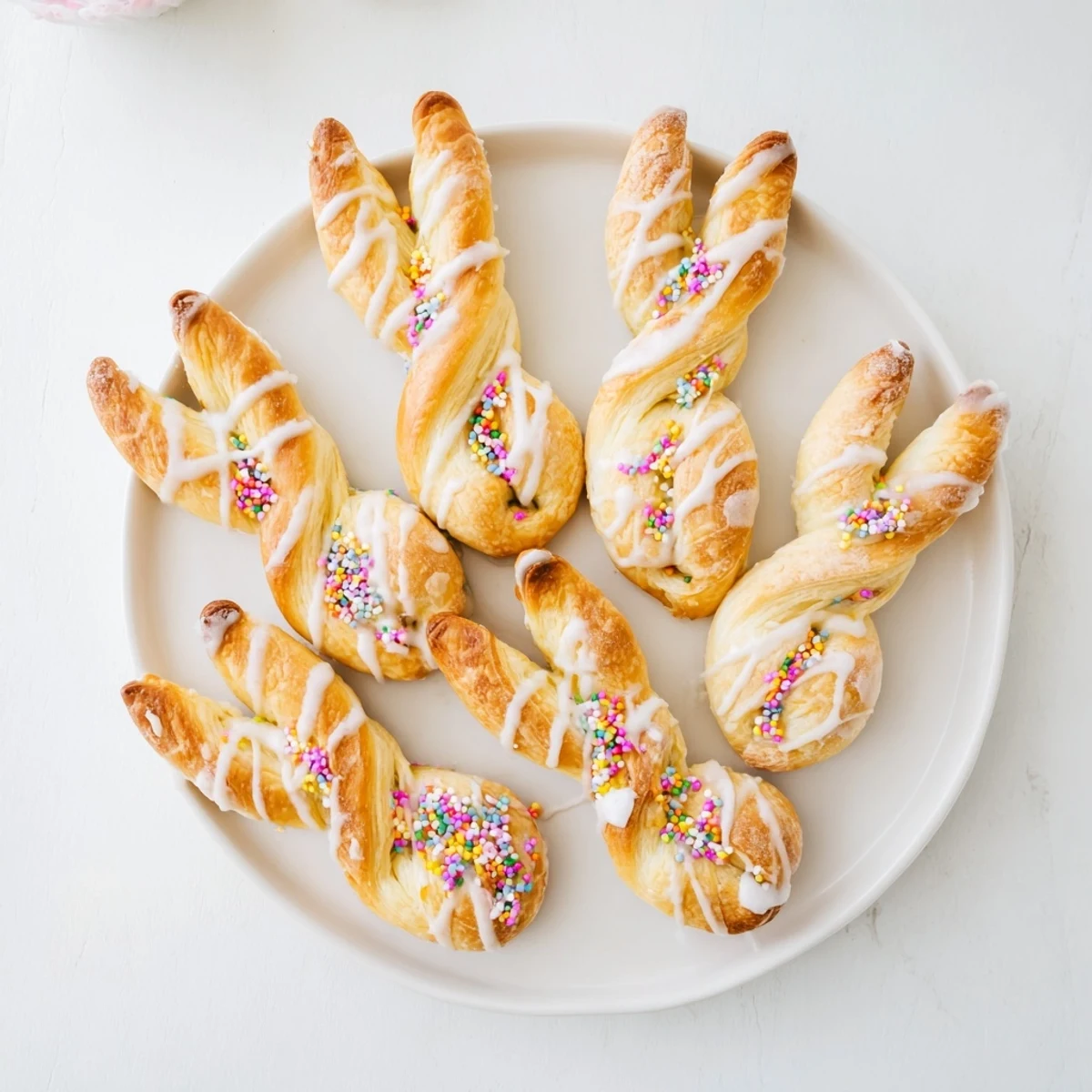 Baked golden brown Easter Bunny Twists arranged on rustic wooden board with pastel Easter decorations