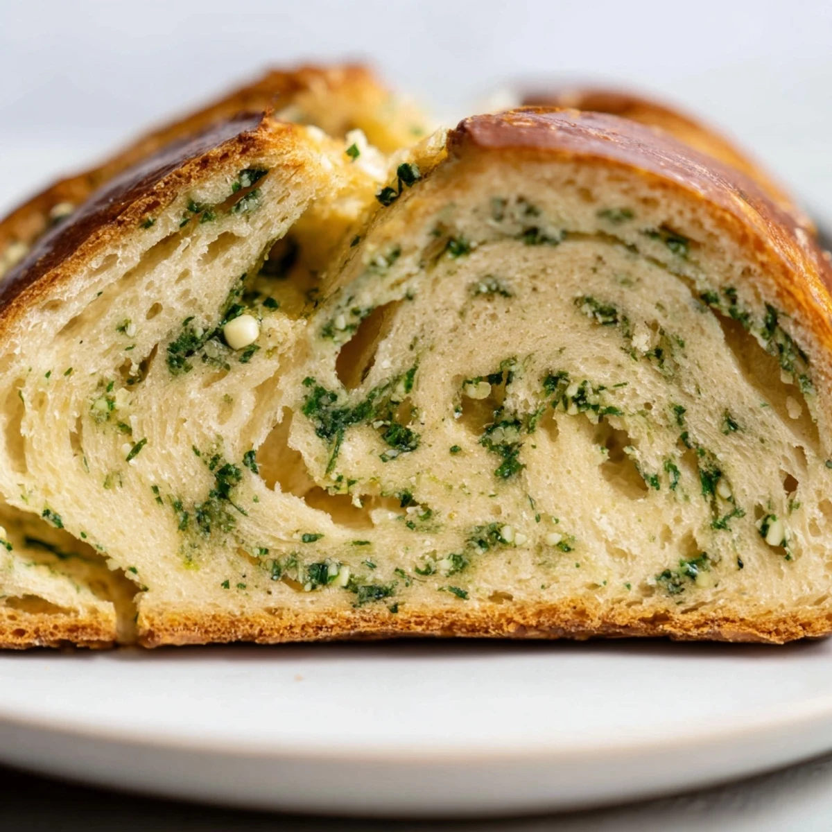 Golden garlic and herb bread loaf fresh from the oven with sliced pieces revealing flecks of parsley and rosemary