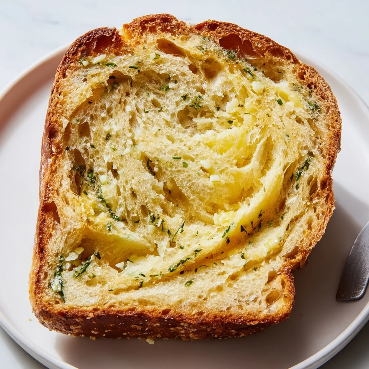 Warm garlic and herb bread loaf torn apart showing soft interior with melted butter and chopped fresh herbs throughout