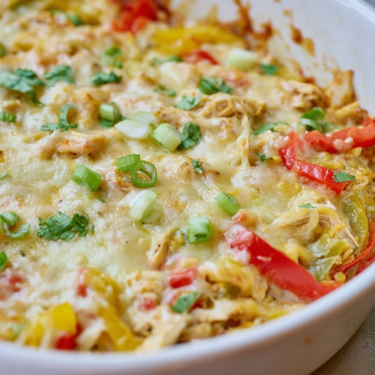 Oven-baked cheesy chicken fajita casserole with tender juicy chicken and vibrant bell peppers