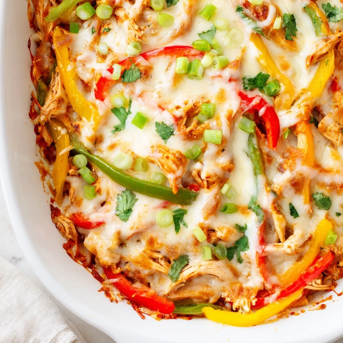 Golden cheesy chicken fajita casserole bubbling with colorful peppers and melted Mexican cheese
