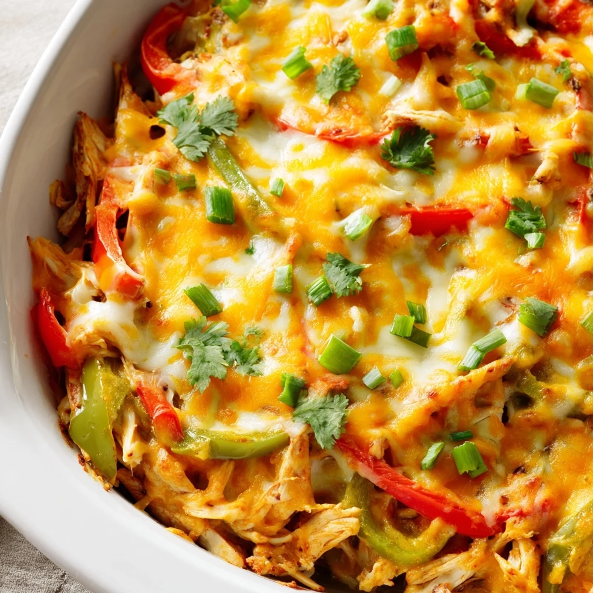 Tex-Mex cheesy chicken fajita casserole topped with gooey melted cheese and fresh cilantro garnish