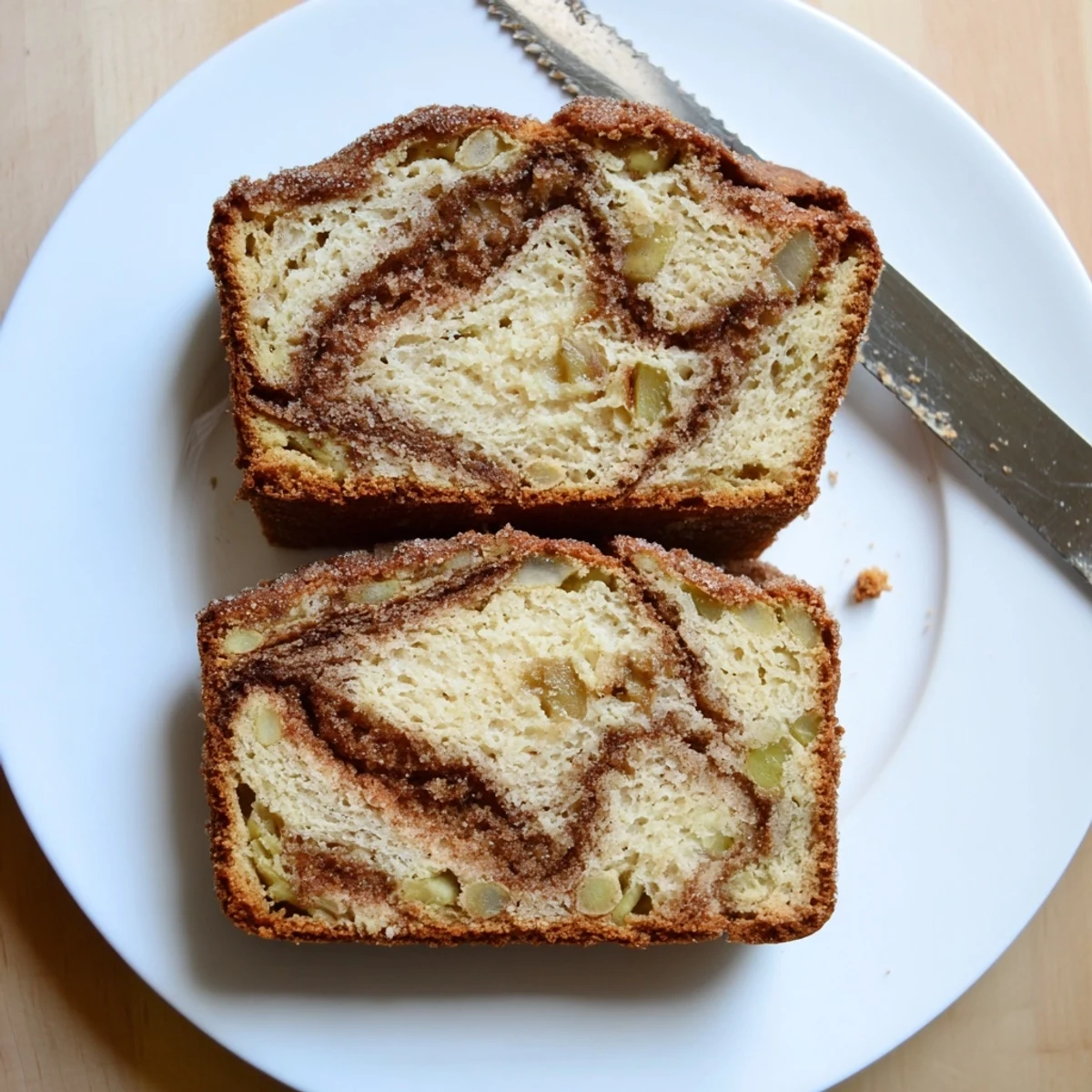 Golden brown cinnamon apple bread loaf with cinnamon sugar swirl on a wooden cutting board