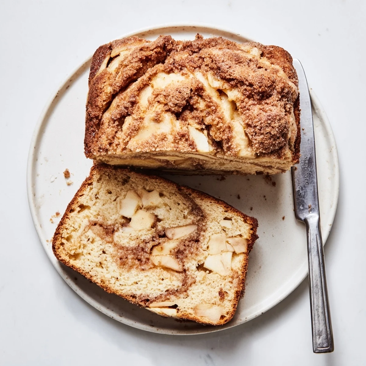 Moist cinnamon apple bread sliced thick revealing tender apple pieces and cinnamon ribbon throughout