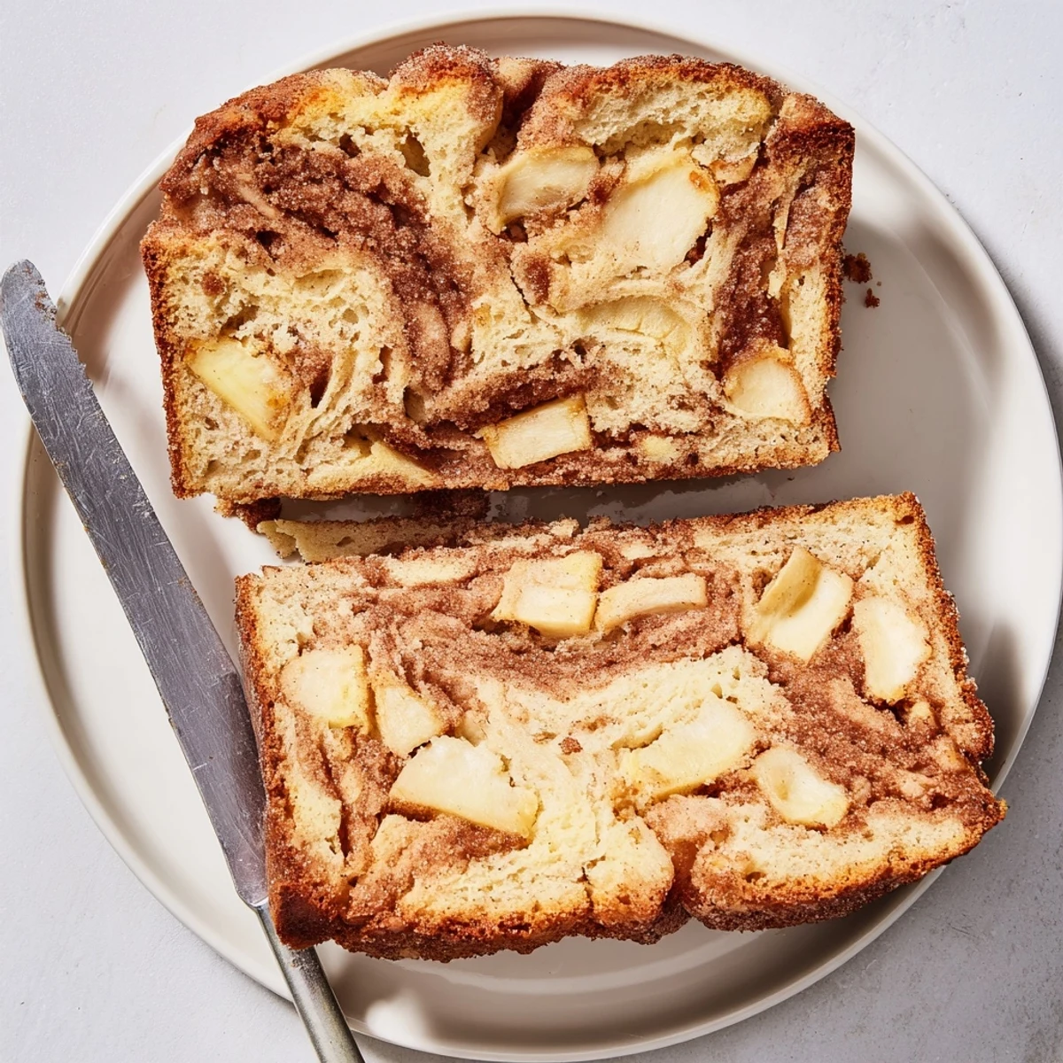 Warm slice of cinnamon apple bread on a white plate with a cup of coffee