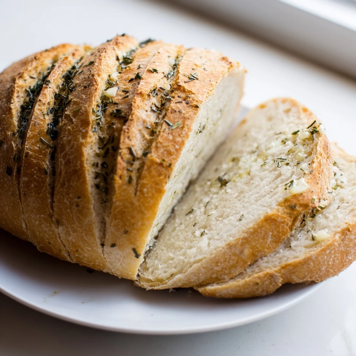 Golden brown Garlic Herb Dutch Oven Bread with crisp crust and soft interior on wooden board