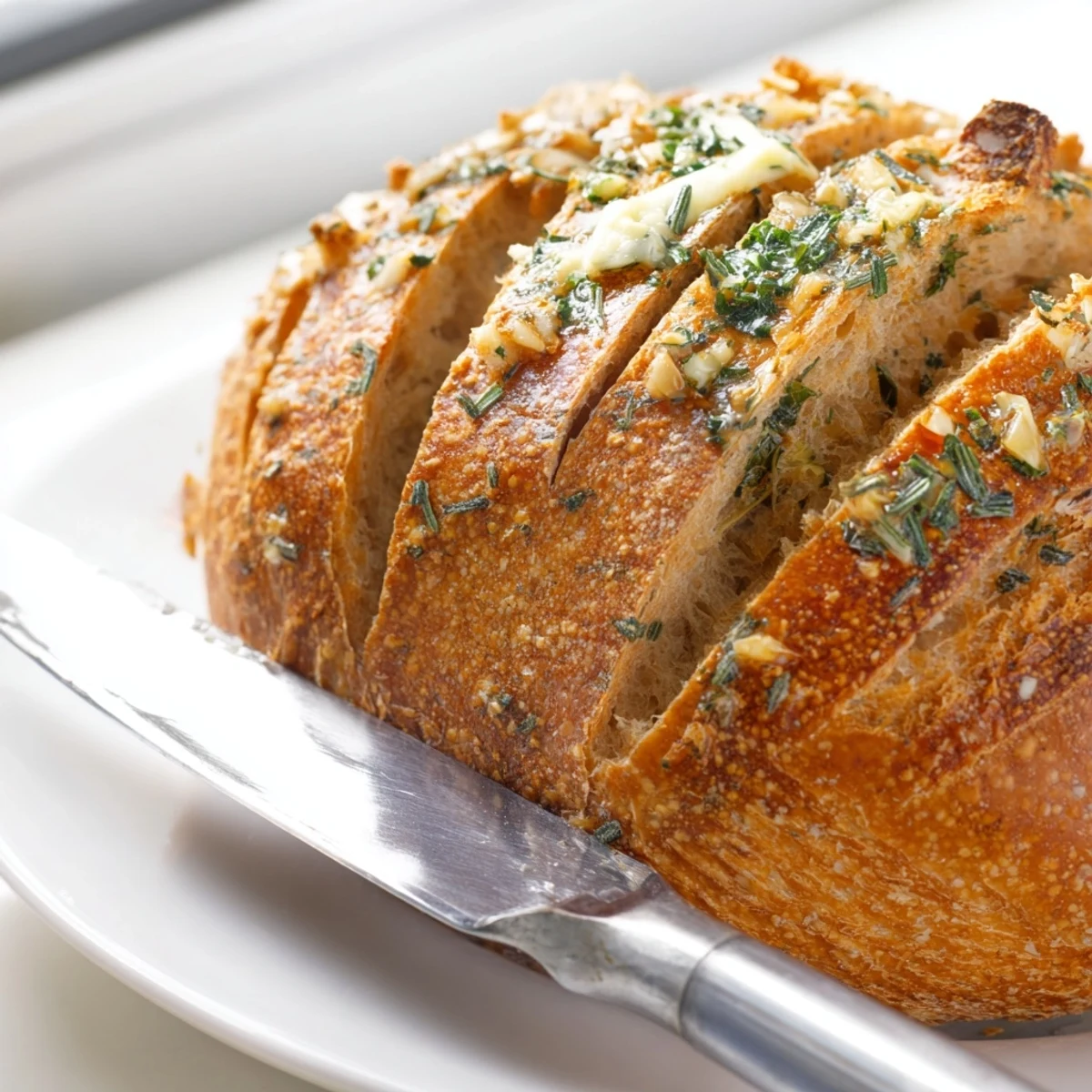 Rustic artisan Garlic Herb Dutch Oven Bread displaying golden crust and tender crumb on parchment paper