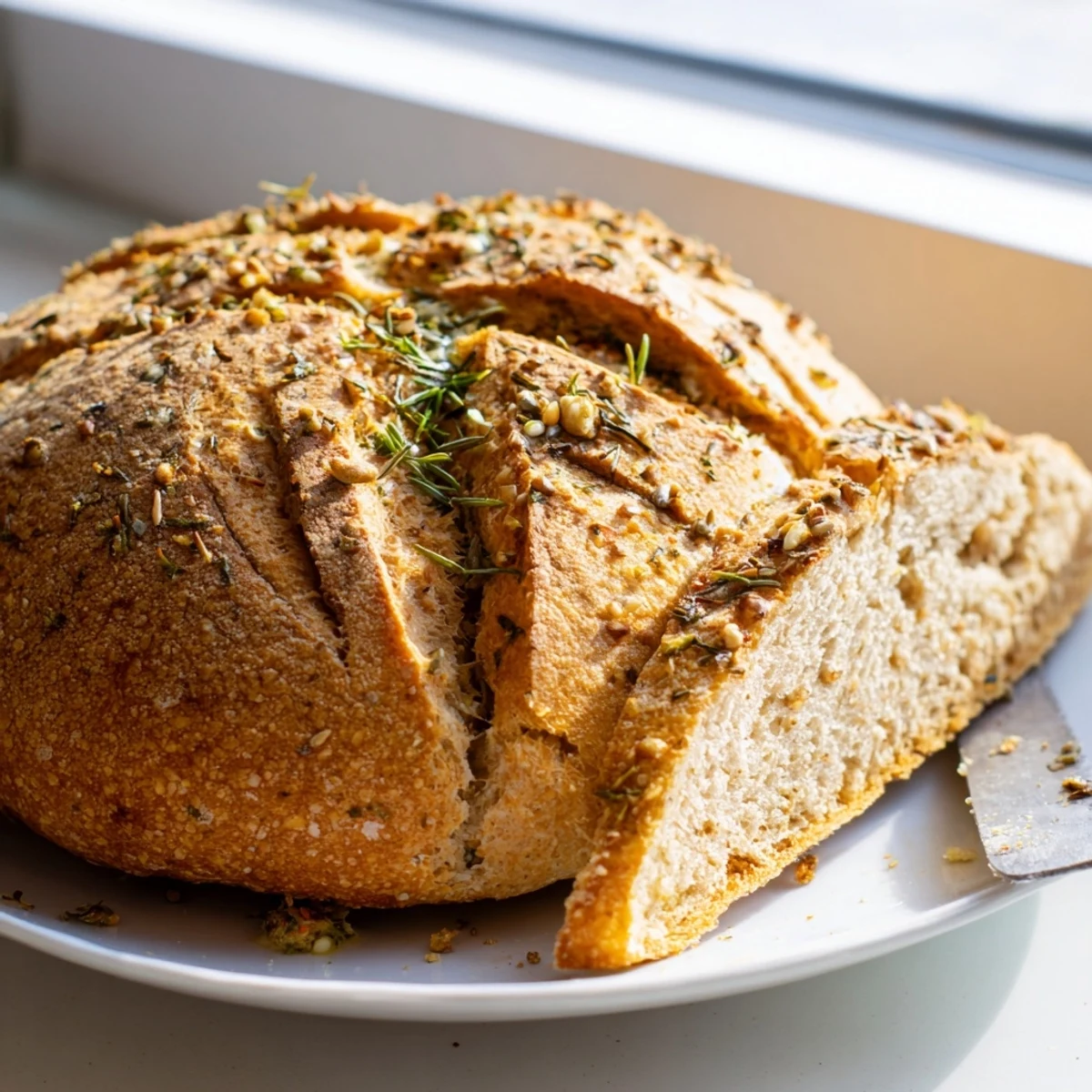 Freshly baked Garlic Herb Dutch Oven Bread loaf sprinkled with parsley on cutting board ready to slice