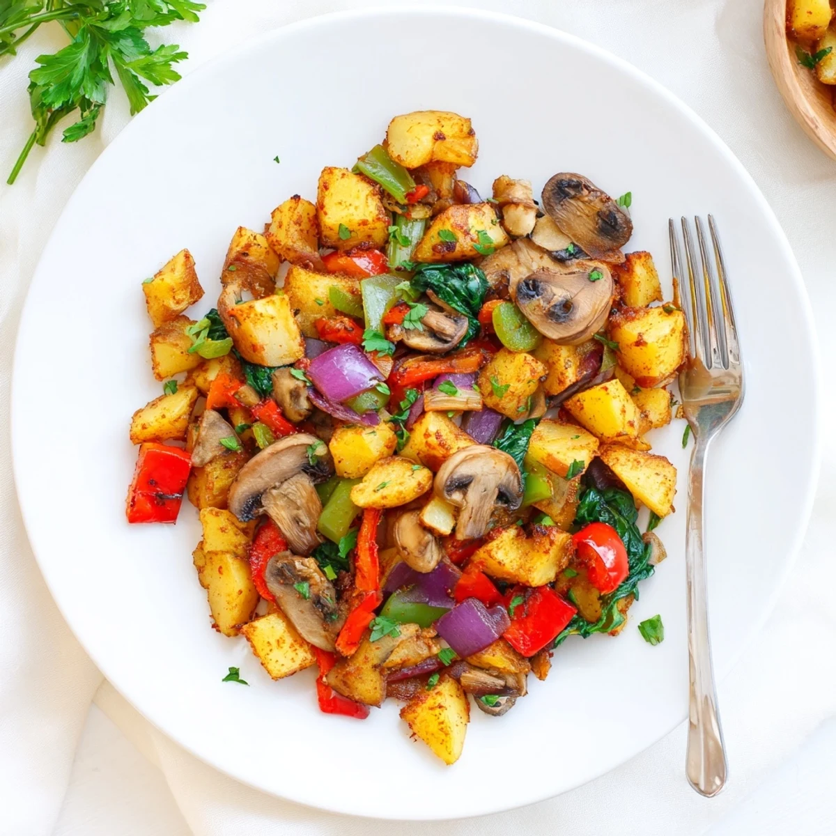 Crispy golden vegan breakfast hash loaded with colorful peppers and tender potatoes in cast iron skillet