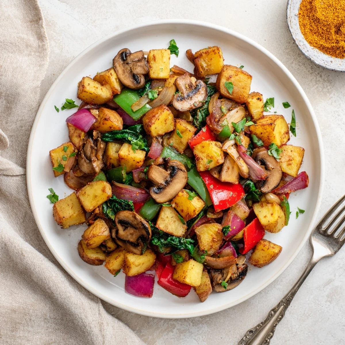 Hearty vegan breakfast hash topped with fresh green herbs served warm on white ceramic plate