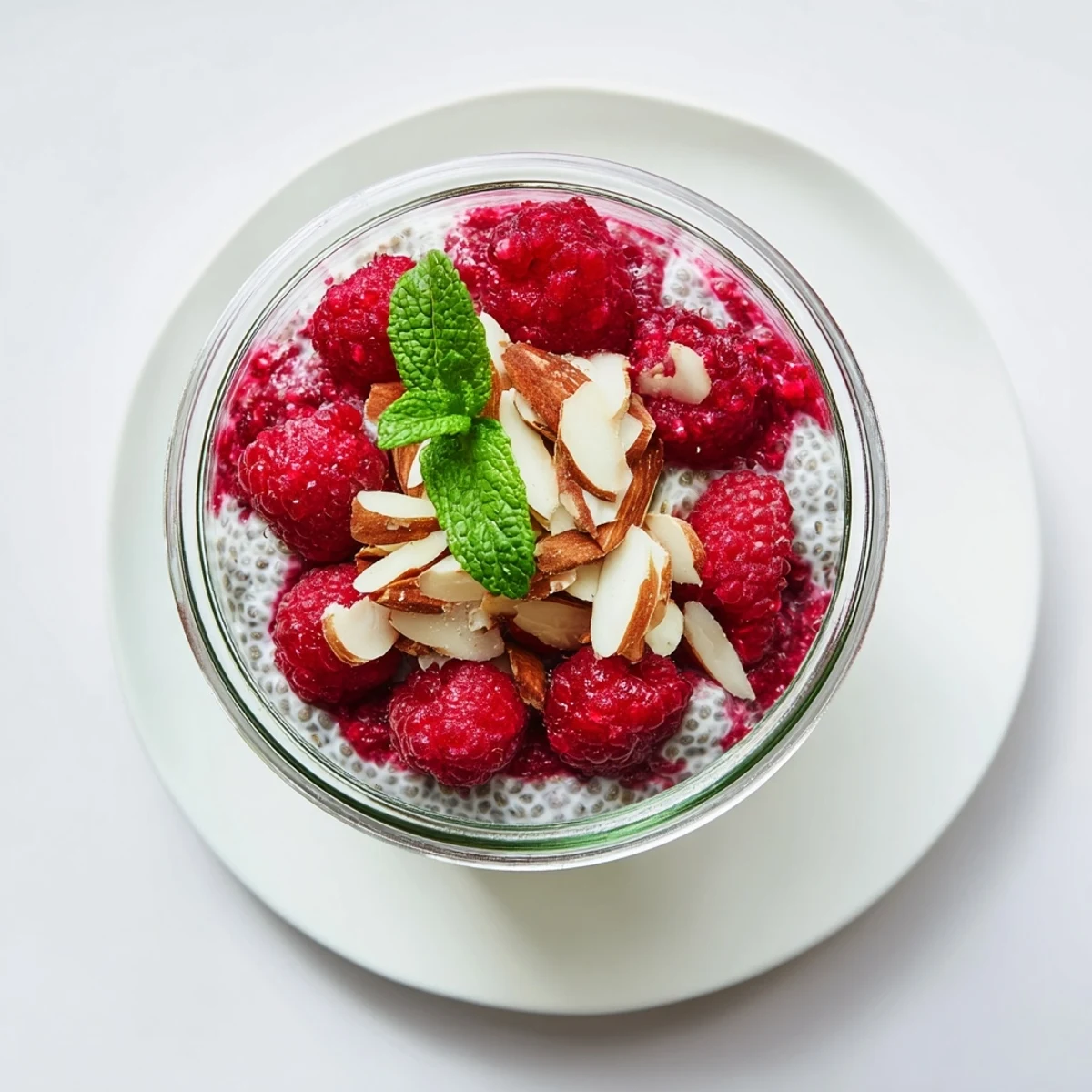 Creamy raspberry chia pudding sweetened naturally with maple syrup in layered glass jars