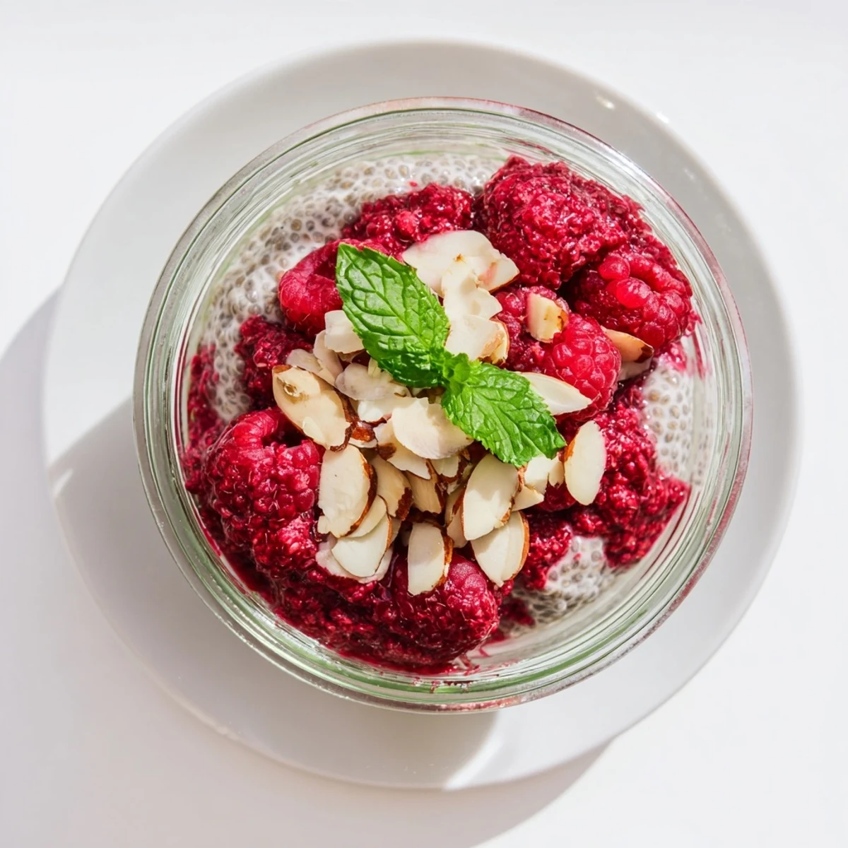 Healthy raspberry chia dessert with swirls of sweetened raspberry puree and maple syrup