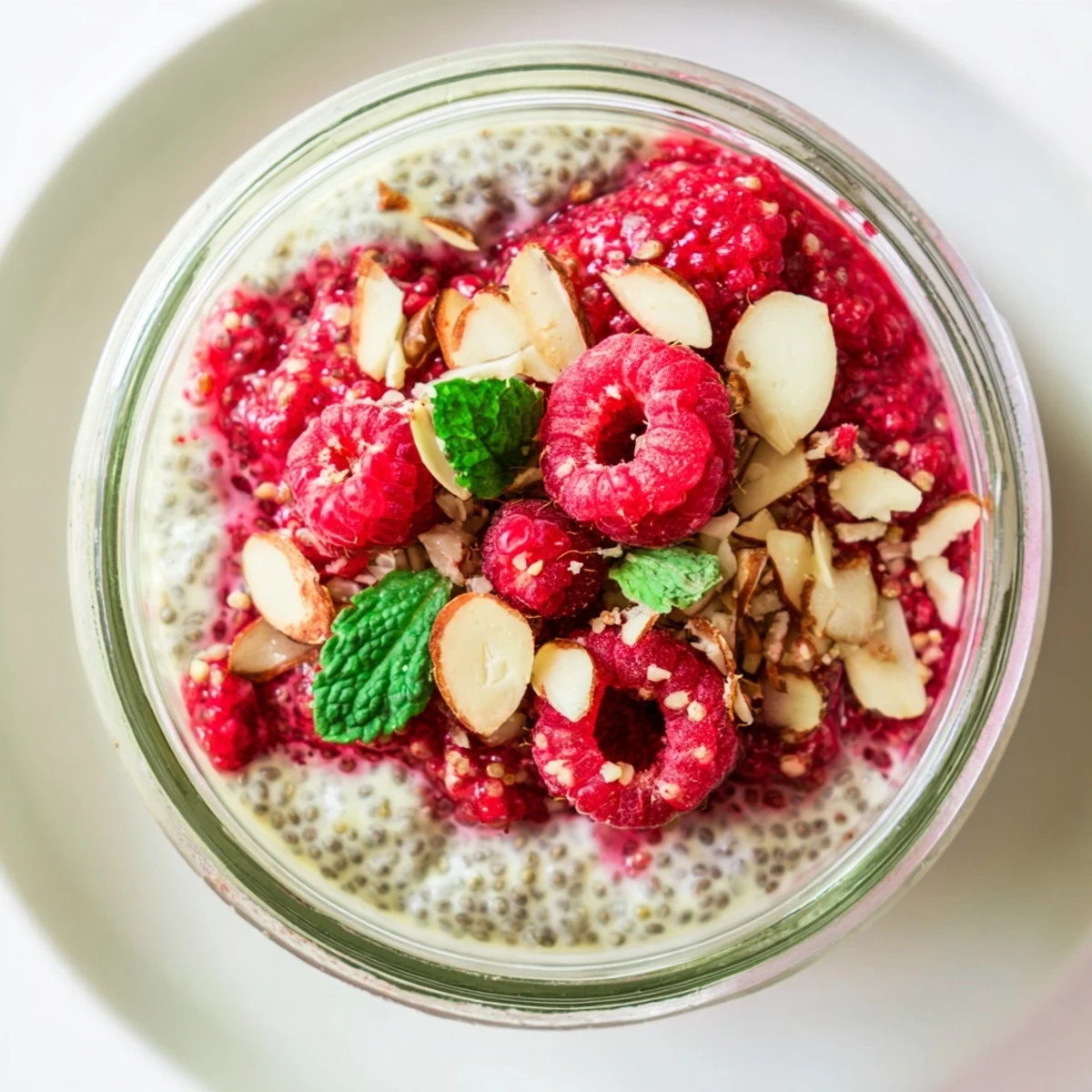 Vegan raspberry chia pudding breakfast topped with fresh berries and maple drizzle