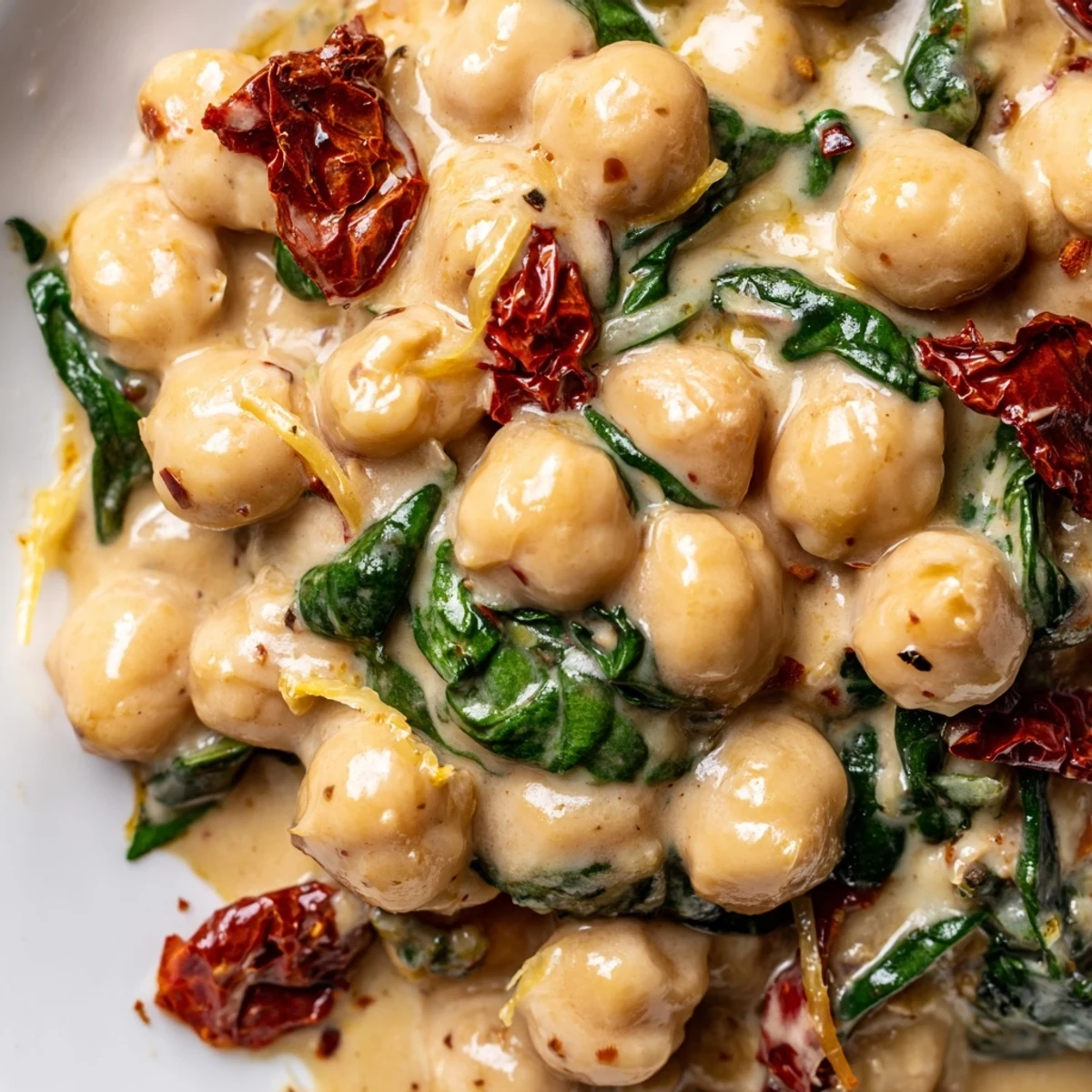Creamy Marry Me Chickpeas with sun-dried tomatoes and wilted spinach in a rich sauce
