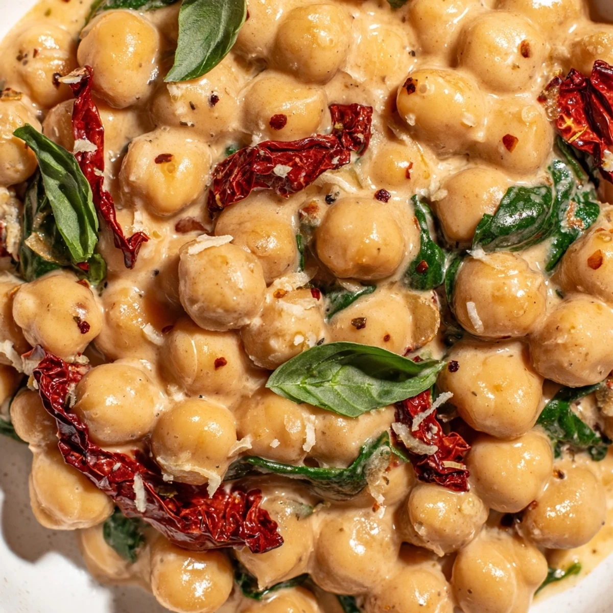 Golden chickpeas simmered in aromatic herbs and heavy cream with fresh basil garnish