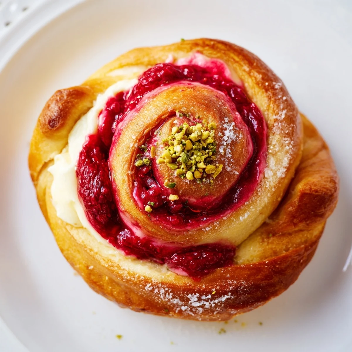 Golden raspberry and rose cheesecake buns with vibrant red berry compote centers