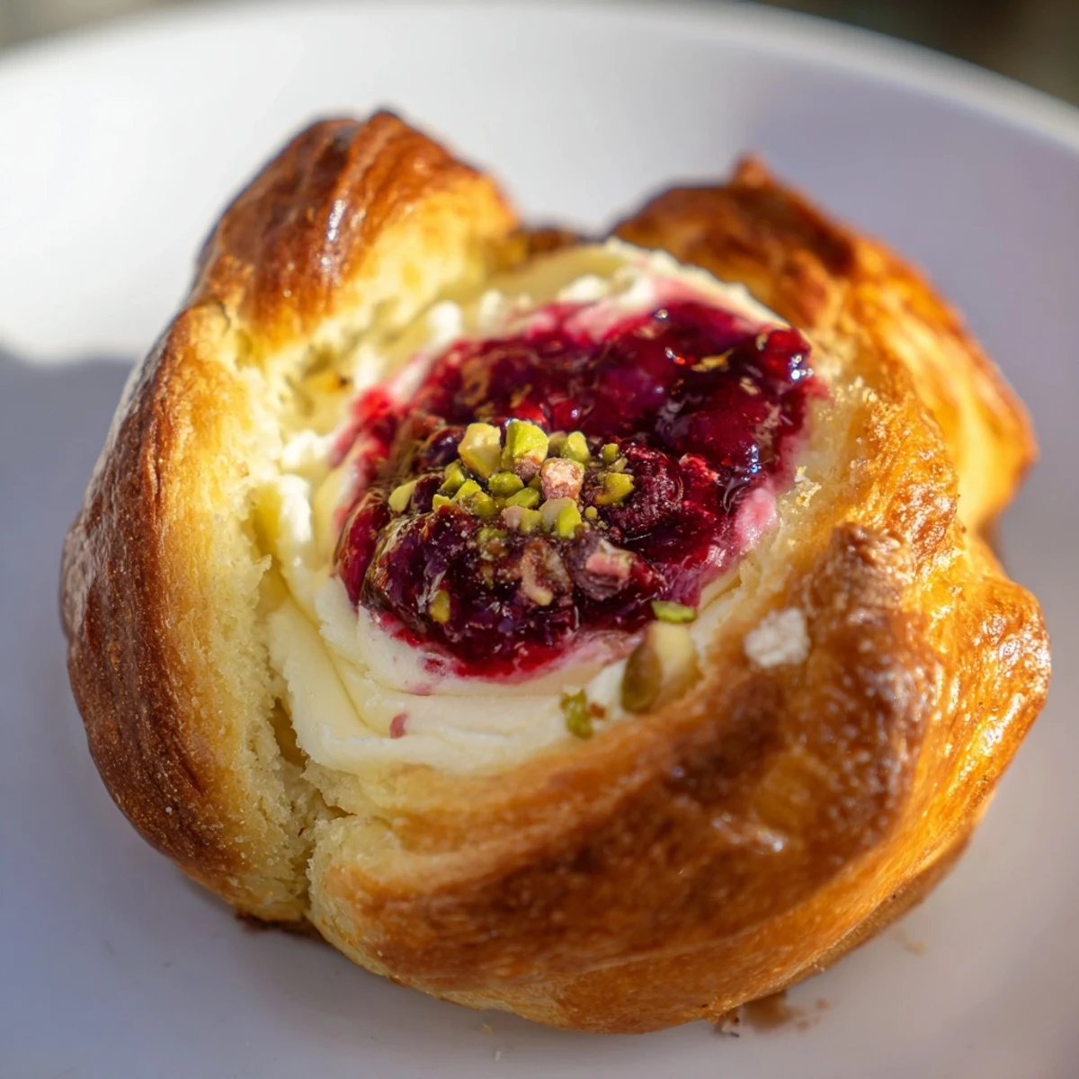 Freshly baked sweet buns topped with pink raspberry filling and rose-infused cream cheese