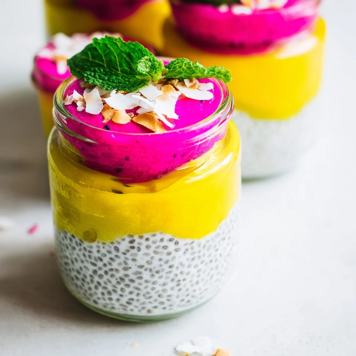 Creamy coconut chia pudding topped with bright yellow mango and pink dragon fruit layers