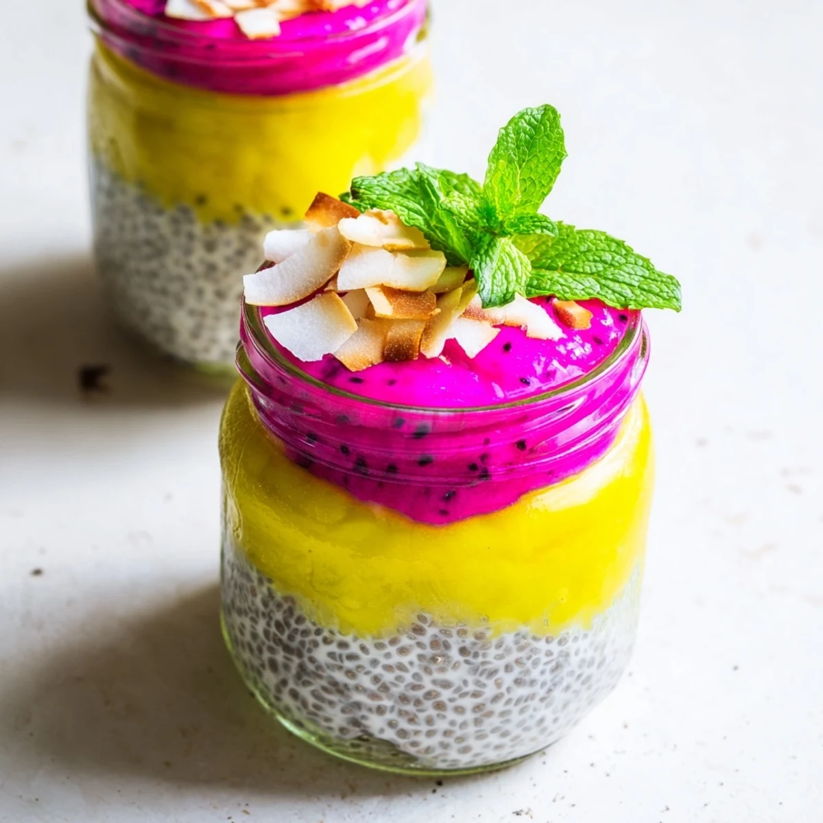 Glass jar showcasing tropical mango and dragon fruit chia pudding parfait with coconut flakes
