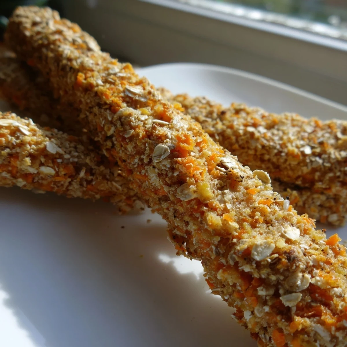 Golden homemade apple carrot dog chew sticks arranged on parchment paper for healthy treating