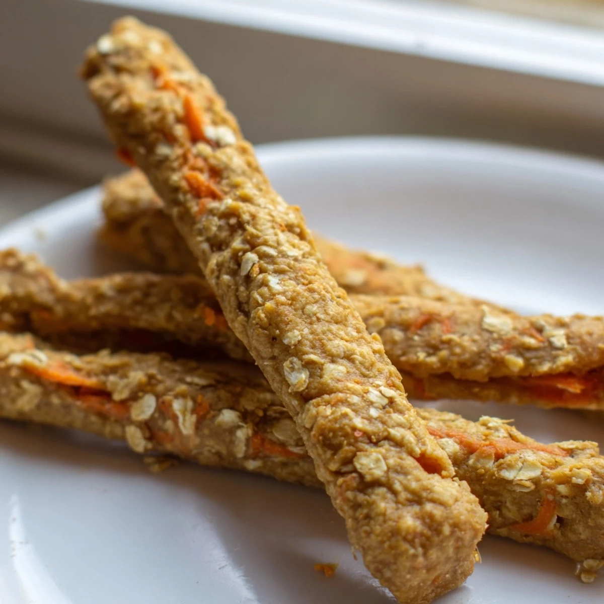 Oven-baked apple carrot dog chew sticks with speckled orange and white flecks throughout
