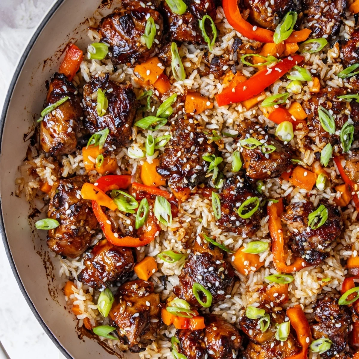 One Pan Korean BBQ Chicken and Rice in a cast iron skillet topped with sesame seeds