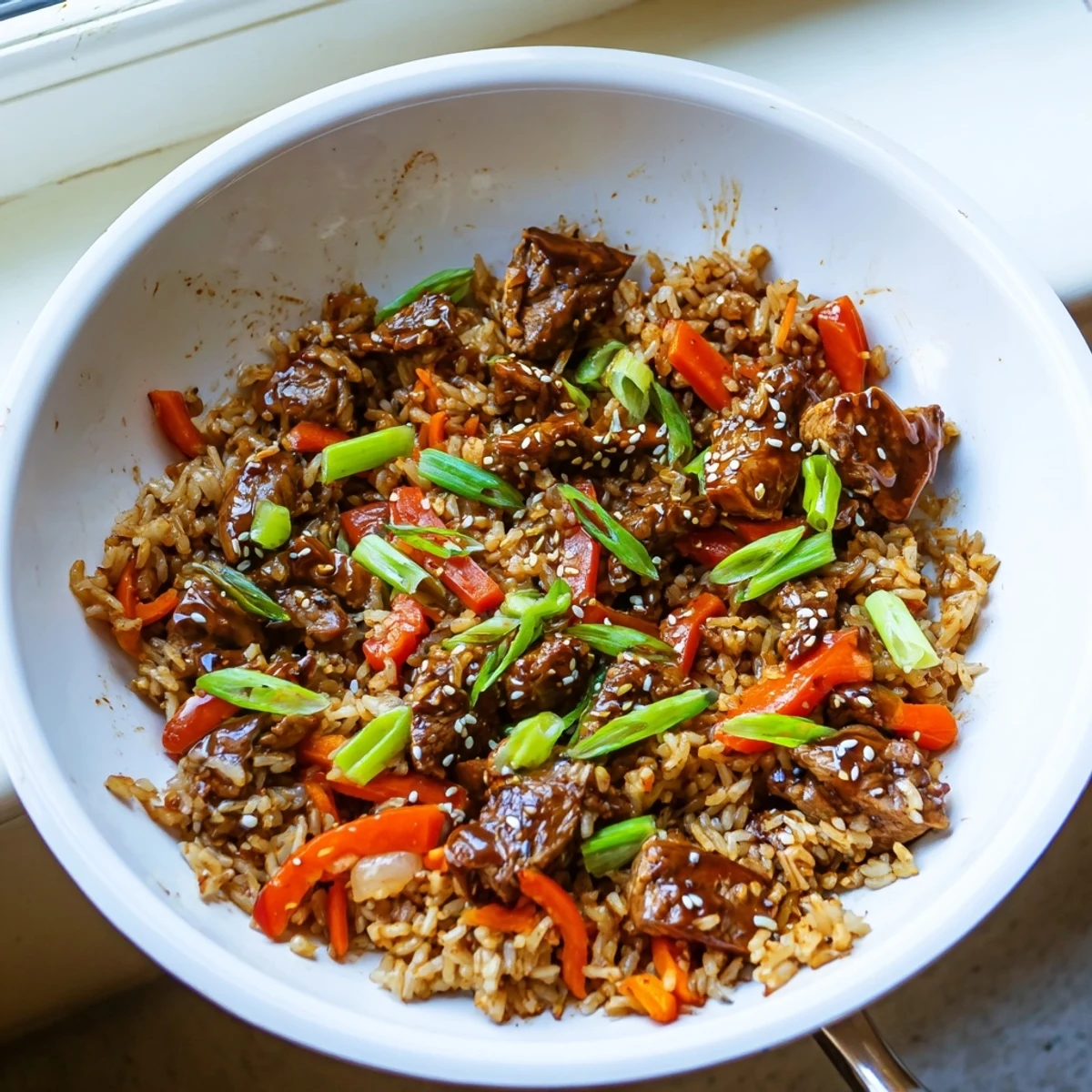 Caramelized One Pan Korean BBQ Chicken and Rice studded with colorful peppers and carrots